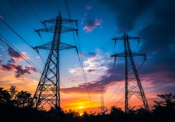 High-voltage towers at sunset in a rural area of Thailand
