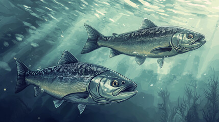 Salmon swimming on the surface of fish farm. fish. Illustrations

