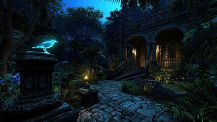 Enchanting twilight garden with vibrant foliage, illuminated path, and a glowing bird statue amidst an ancient architecture.