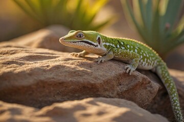 Fototapeta premium Gecko Climbing a Rock in a Desert Oasis