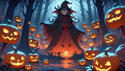 illustration of a Halloween night with moon and pumpkin background