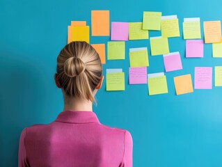 Woman brainstorming ideas with colorful sticky notes