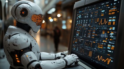 Fototapeta premium Illustration of a virtual robot in a stock trading area controlled by a robot under modern technology system. Technology of the future.