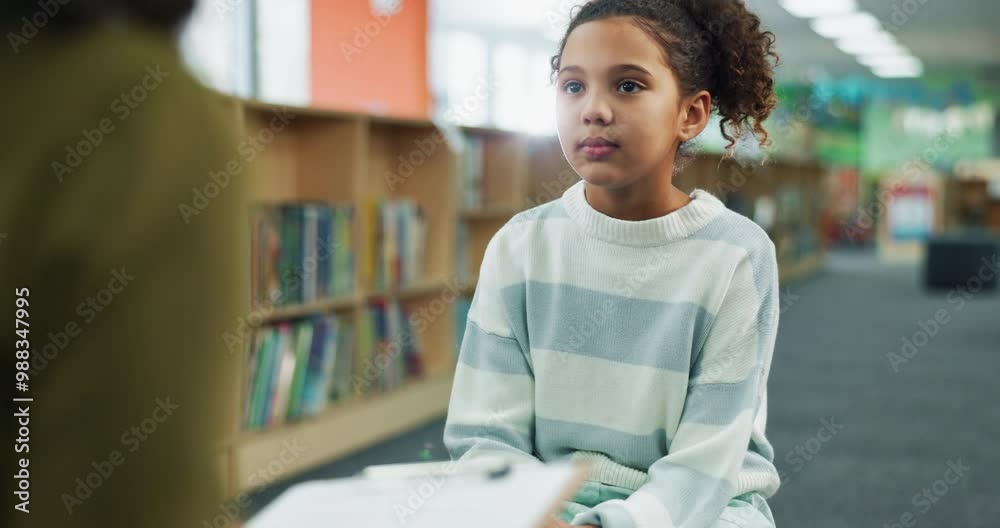 Poster questions, child and teacher in class, education and helping for preparation of test, girl and think