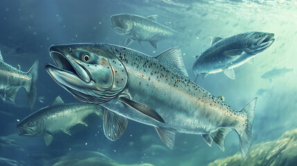 Salmon swimming on the surface of fish farm. fish. Illustrations
