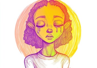 Line art illustration featuring a warm gradient drawing of a cartoon girl alien with tears