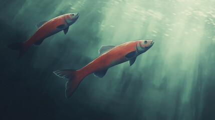 Salmon swimming on the surface of fish farm. fish. Illustrations
