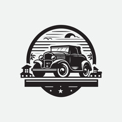 Classic retro car illustration logo vector.  
Classic muscle car vector labels, emblems and badges set. Retro vehicle, old automotive transportation logo illustration