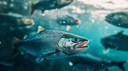 Fototapeta premium Salmon swimming on the surface of fish farm. fish. Illustrations 