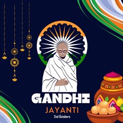 2nd October Happy Gandhi Jayanti. Indian Freedom Fighter Mahatma Gandhi poster with Indian cultural color theme banner social media post and illustration background design