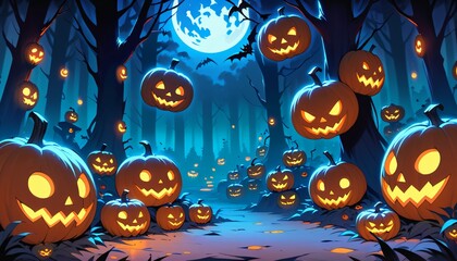 illustration of a Halloween night with moon and pumpkin background