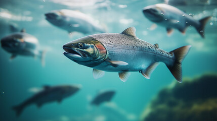 Fototapeta premium Salmon swimming on the surface of fish farm. fish. Illustrations 