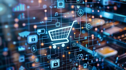 Shopping cart icon in center of digital network with glowing connections for representing e-commerce online shopping digital transaction retail innovation and connectivity concept.