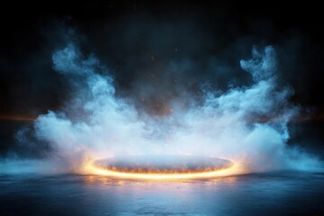 Obraz premium A mystical scene featuring swirling smoke and a glowing circular light, creating an otherworldly atmosphere.