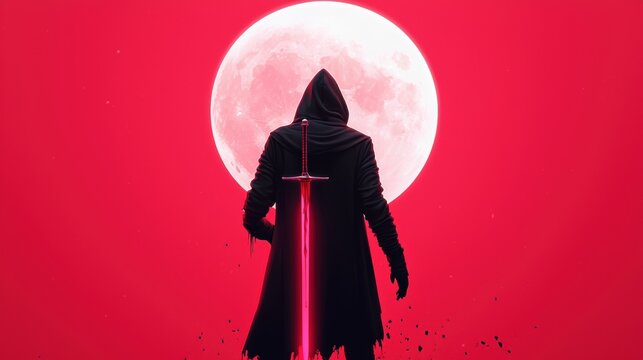 A hooded figure with glowing red eyes holds aloft a dripping dagger its blade reflecting a full moon hanging low in a blood red sky.