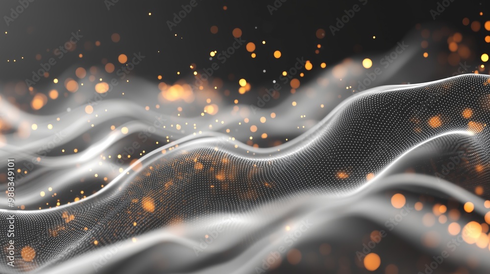 Wall mural Captivating abstract representation of flowing waves with golden particles against a dark background, illustrating movement and depth