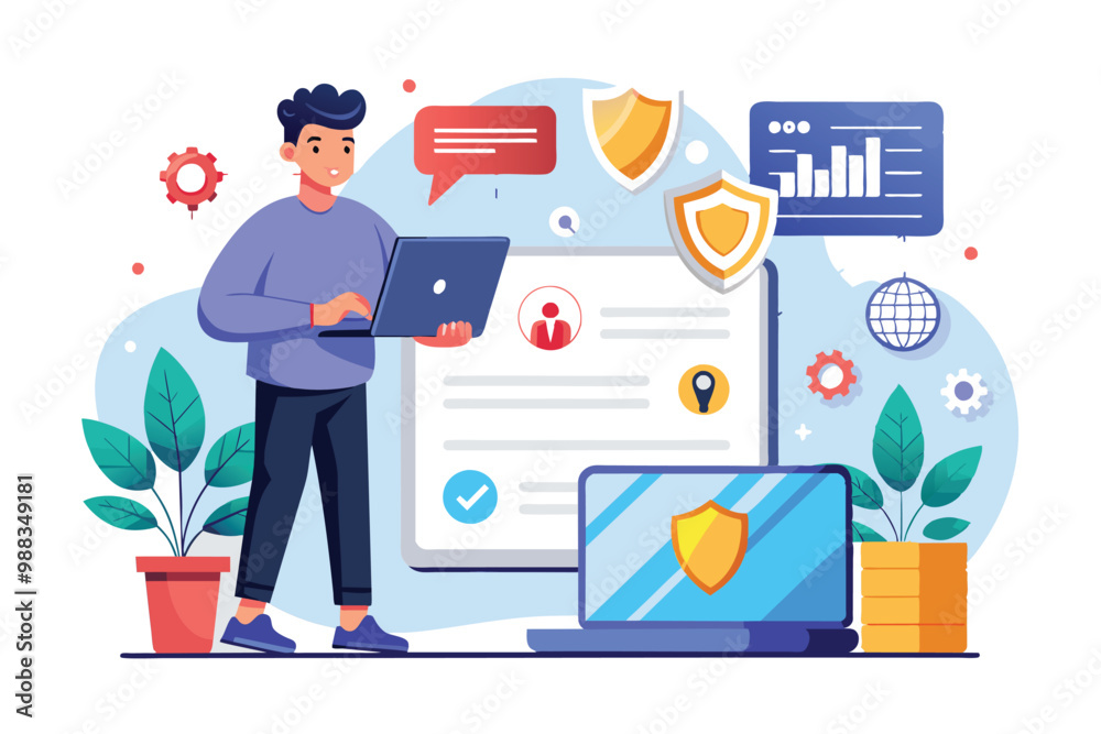 Poster a person stands with a laptop, engaging in document security tasks, surrounded by technology and gra