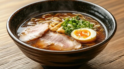 Delicious bowl of shoyu ramen with tender pork and egg artfully presented in a traditional Japanese culinary setting