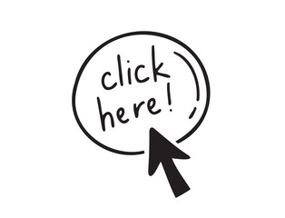 Click here doodle button. Hand drawn sketch cursor icon. Web site register Freehand drawing style