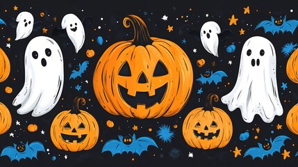 Seamless Halloween vector pattern with pumpkins bats and ghosts in a spooky arrangement