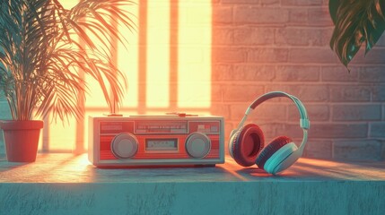 Vintage Music Player and Headphones in Warm Sunlight