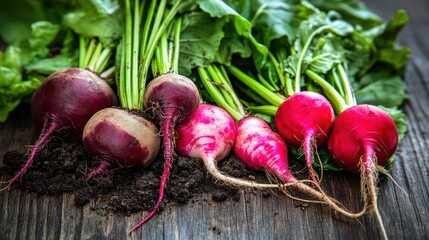 A close-up of freshly harvested, locally grown vegetables, including beets, radishes, and zucchini, arranged on a rustic wooden table with soil still clinging to the roots
