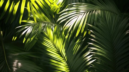Obraz premium Palm leaves swaying gently in the breeze casting soft shadows on a bright and sunny day in a tropical setting