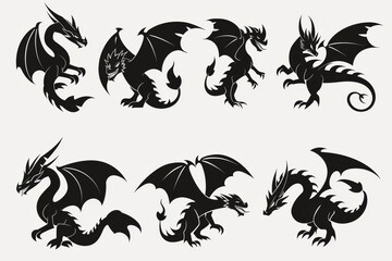 Naklejka premium Dragons icon silhouette, dino, wyvern symbols, dinosaurs isolated, mythical monster, minimal flat tattoo