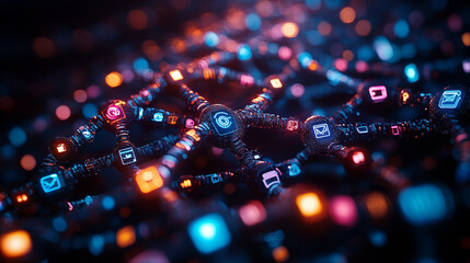 Fototapeta premium Digital communication network with glowing app icons, social media concept