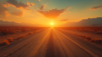 Naklejka premium Sunset over desert road, mountain silhouettes on horizon, dramatic sky