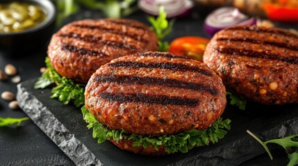 Vegan plant-based burgers and sausages, isolated from background, detailed and sharp