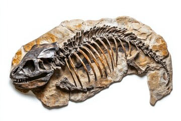 An ancient fossil of a wild animal, isolated on a white background, detailed and well-preserved