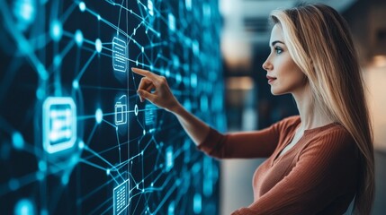 Digital analytics data visualization. Business. Big data. Network connection. Artificial intelligence technology. Digital tech. Female, gesturing, using digital interface display.