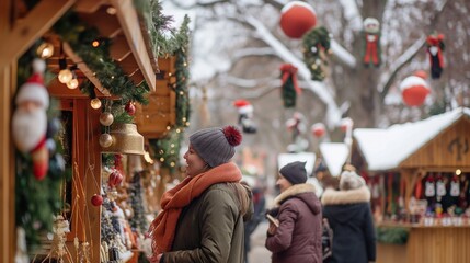 Young woman is enjoying a snowy day browsing for christmas gifts at an outdoor christmas market. The market is decorated with lights, ornaments and garlands. Merry Christmas and Happy New Year