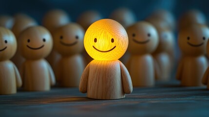 A cheerful wooden puppet illuminated by light, standing out among frowning puppets, symbolizing innovation and creative thinking.