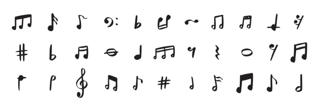 Notes doodle set hand drawn with a black pen. Sketch music drawing note 