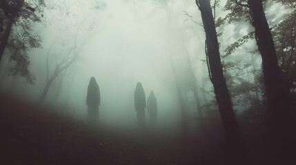 Obraz premium Ghosts Floating in a Foggy Forest