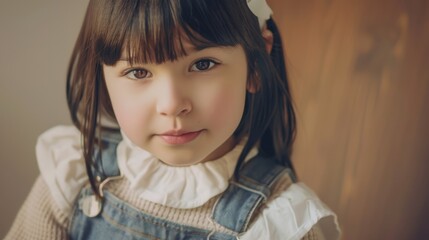 Fototapeta premium Little girl in denim overalls with white collar 