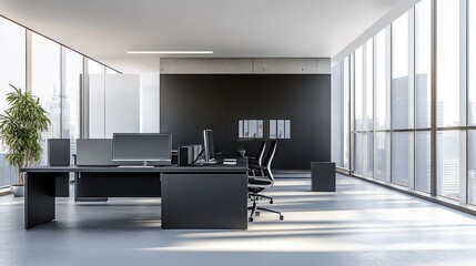 A sleek and modern workspace designed with adaptive technology, featuring adjustable desks, eye-tracking devices, and voice-controlled systems to accommodate various needs
