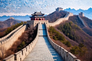 Fototapeta premium Mosaic Artwork of the Great Wall of China: An Iconic Architectural Wonder and Historical Landmark