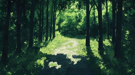 Obraz premium Dense forest with tall trees casting long shadows onto the path creating a tranquil nature scene with abundant greenery