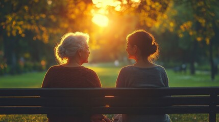 close up of granddaughter consoling her senior grandmother, touching her hand when sitting on bench in park in summer