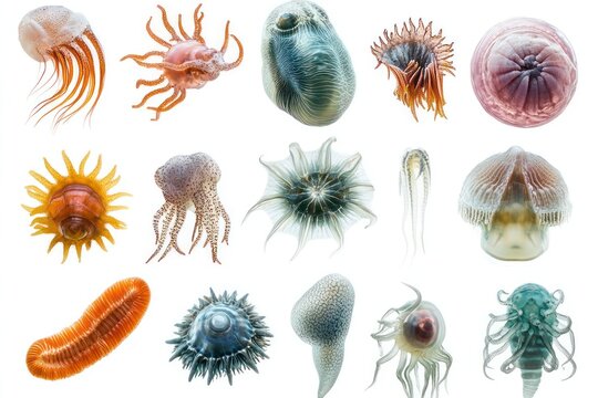 Rare deep-sea organisms, isolated on white, showing their unique adaptations to the deep ocean