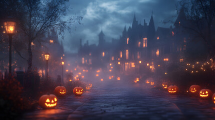 Fototapeta premium Halloween Night in a Town Filled with Fog