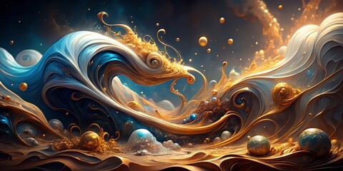 Obraz premium A surreal dreamscape comes alive with a kaleidoscope of swirling blue, white, and gold fluid forms that seem to pulse with an otherworldly energy