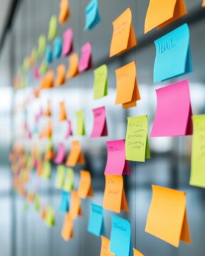 Colorful sticky notes on a glass wall for brainstorming session