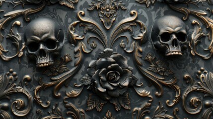 Dark Floral Skull Pattern with Golden Accents