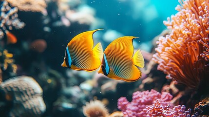 Obraz premium Two Yellow and Blue Striped Fish Swimming in a Coral Reef