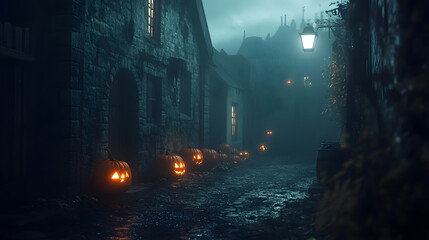 Dark Alleyway in a Spooky Town on Halloween