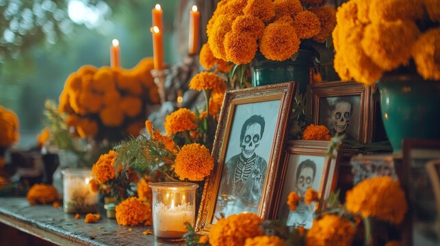 Traditional Day of the Dead altar with framed ancestor photos, vibrant marigold flowers, and flickering candlelight in a spiritual atmosphere